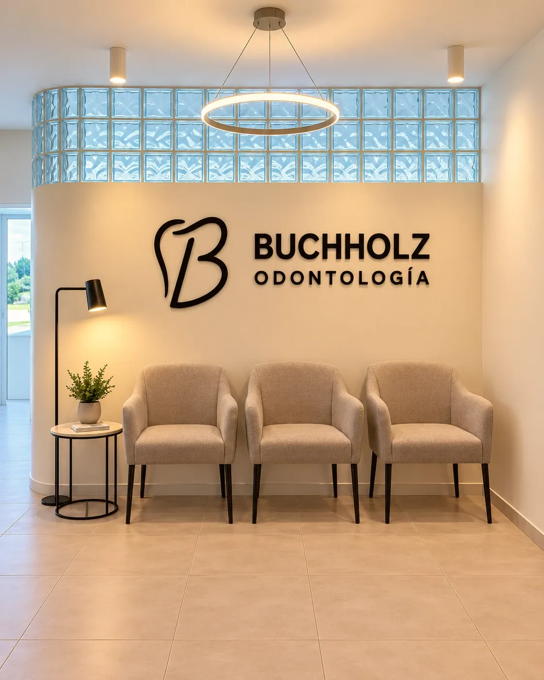 Sala de espera de Buchholz Odontología, con el logo en la pared y tres sillones